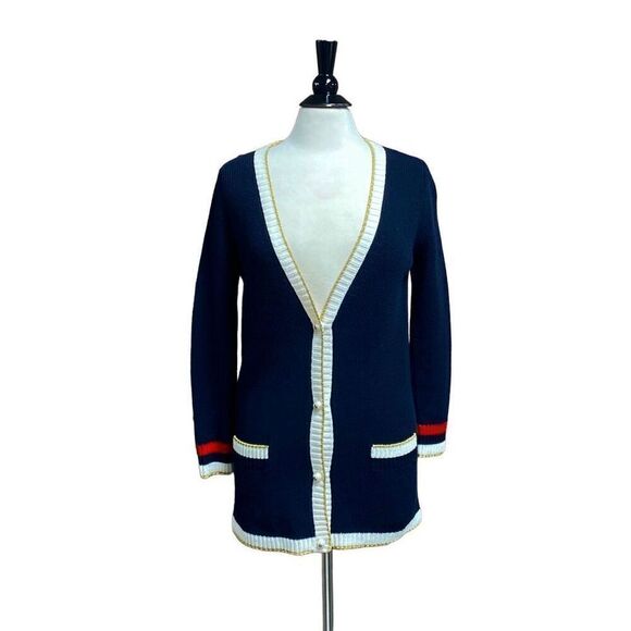 Gucci Blue Lurex Detail Contrast Trim Knit Cardigan Size Small - Picture 2 of 13